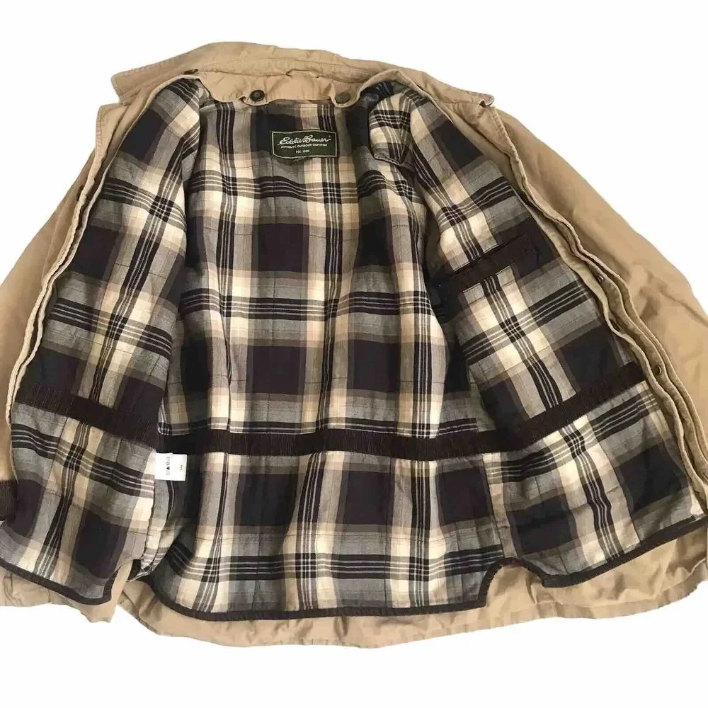 Eddie Bauer Jacket Mens L Chore Barn Field Coat Plaid Lined Corduroy Collar Cuff